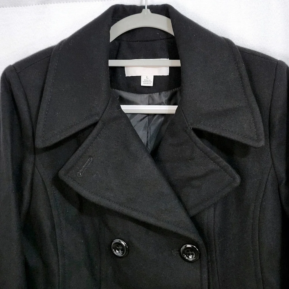 NEW Anne Klein Classic Double Breasted Pea Coat Womens Large Black‎ Wool Blend